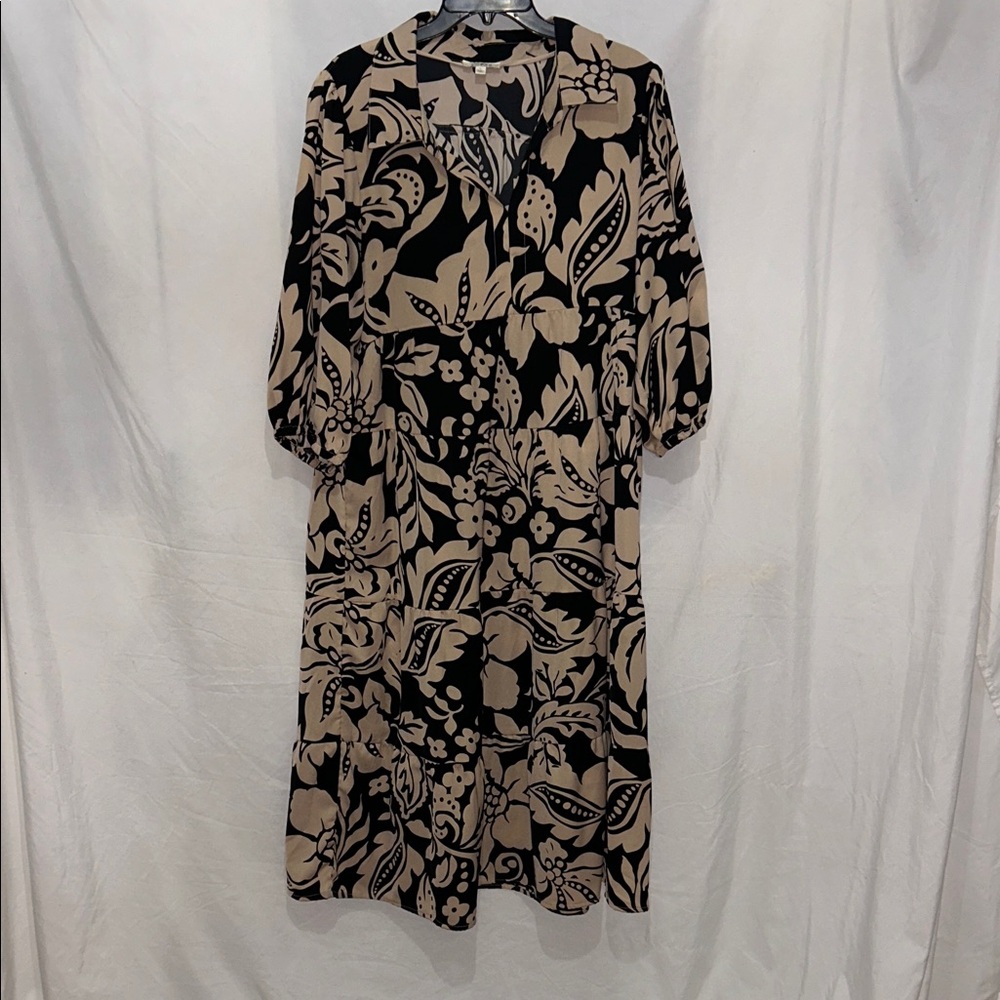 Umgee Black and Tan Floral Long Sleeve Dress